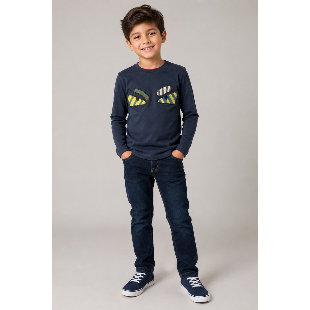 Fendi Shirt Kids 12+ Navy Blue Monster‎ Eyes Bag Bugs Long Sleeve Cotton Tee